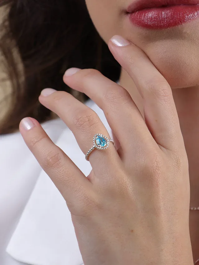 Anel de Prata 925 Zircônia Gota Azul Pontilhada