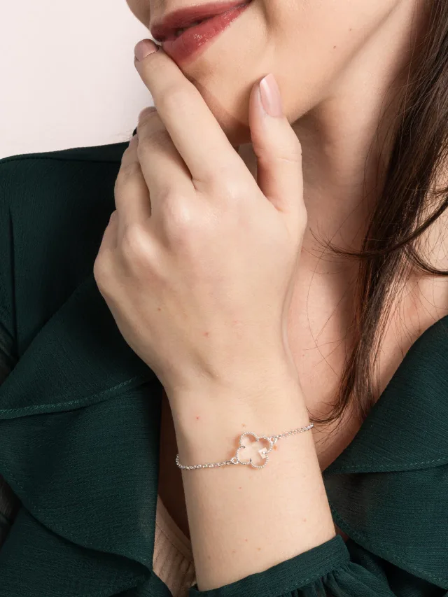 Pulseira de Prata 925 Trevo Detalhado Branco