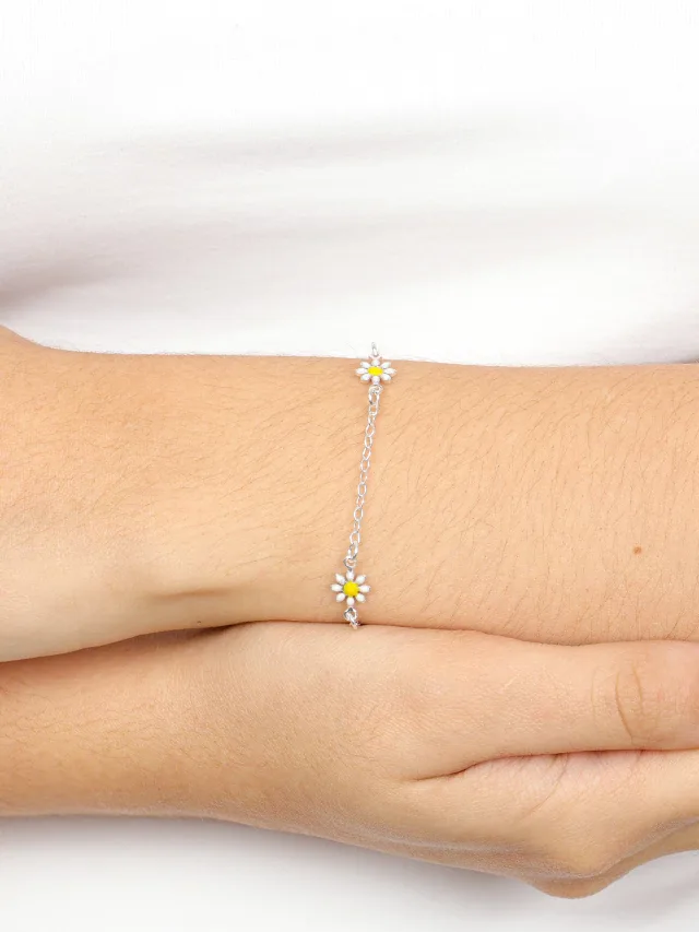 Pulseira de Prata 925 Flores Brancas Resinadas