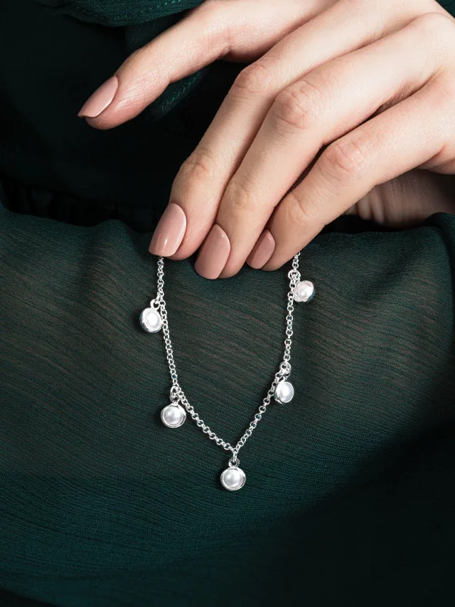 Pulseira de Prata 925 Pérolas Penduradas