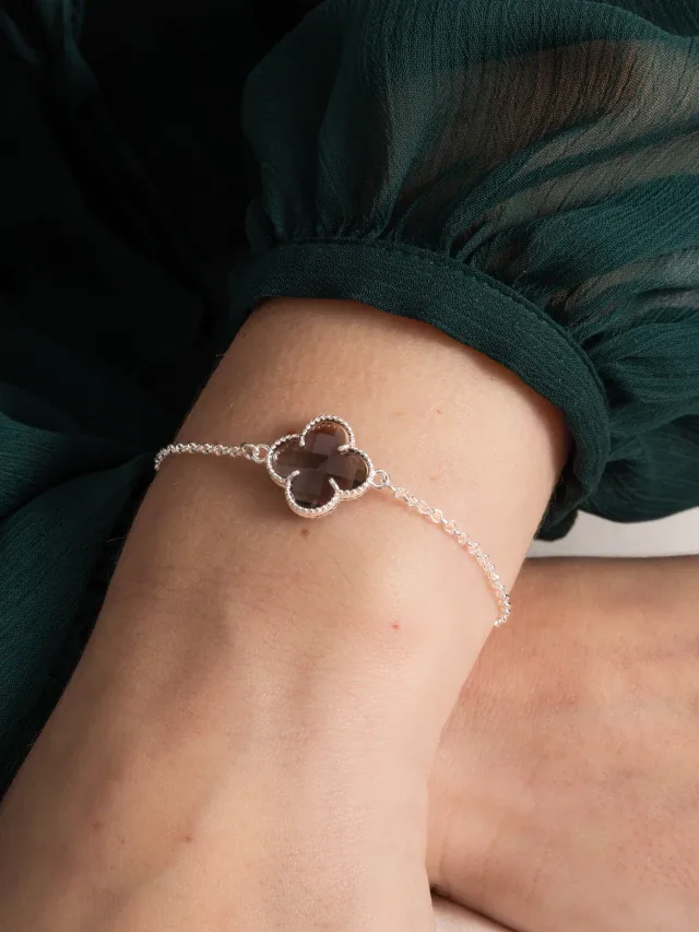 Pulseira de Prata 925 Trevo Detalhado Preto