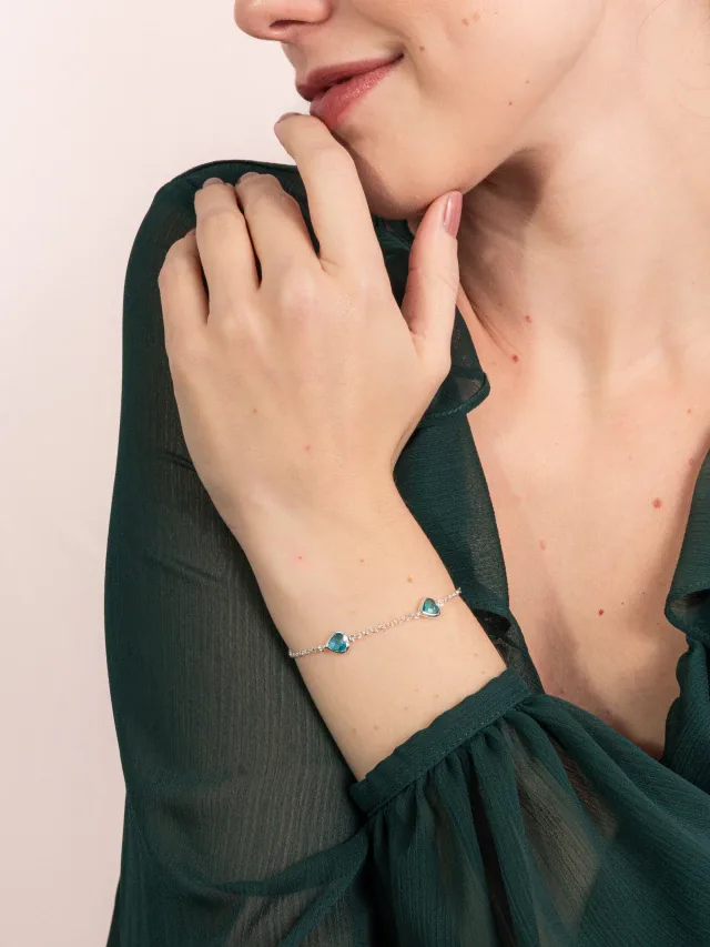 Pulseiras de Prata 925 com Corações Azuis Turquesa