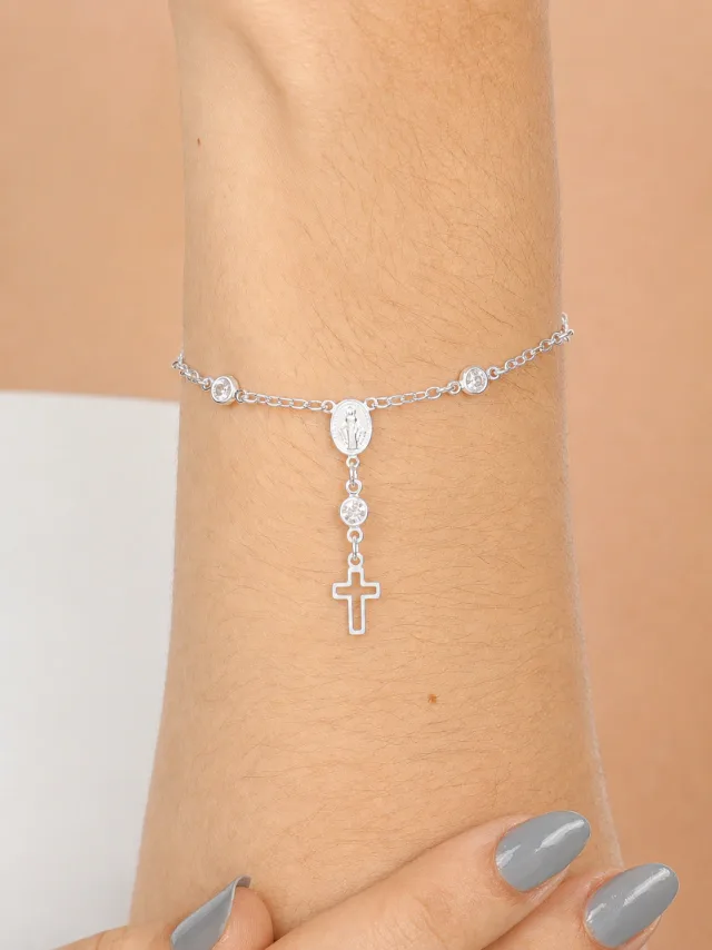 Pulseira de Prata 925 Terço com Pontos de Luz