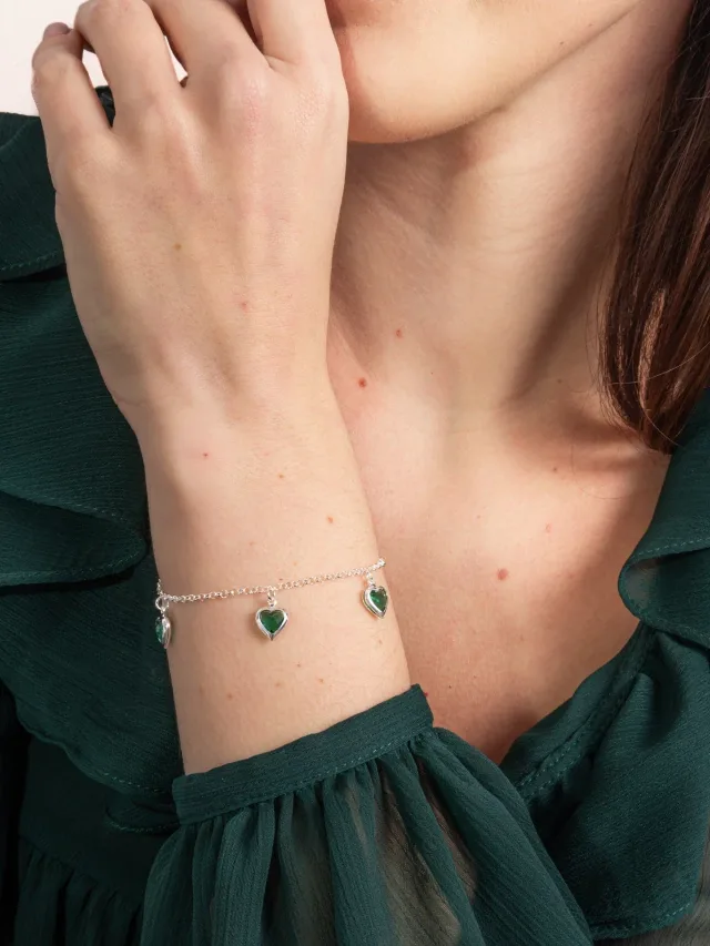 Pulseira de Prata 925 Corações Pendurados Verdes Turmalina