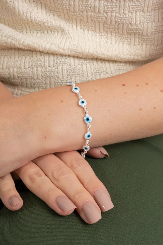 Pulseira de Prata 925 Inteira com Olho Grego Branco