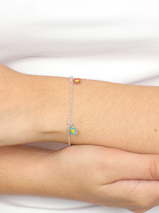 Pulseira de Prata 925 Infantil Pingentes De Flores Coloridas Resinadas