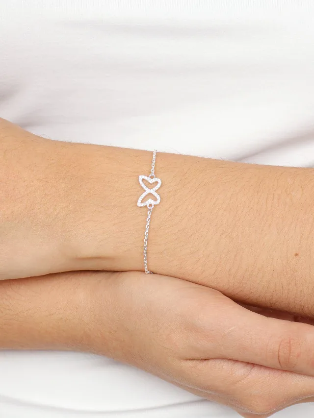 Pulseira de Prata 925 Borboleta Vazada Cravejada com Zircônias Brancas