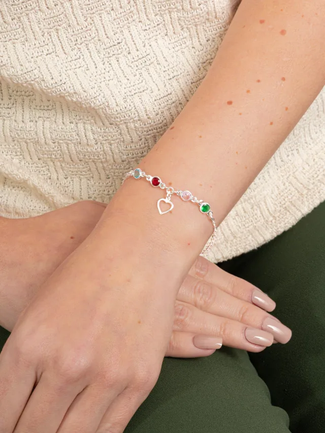 Pulseira Prata 925 Zircônias Coloridas e Coração Central