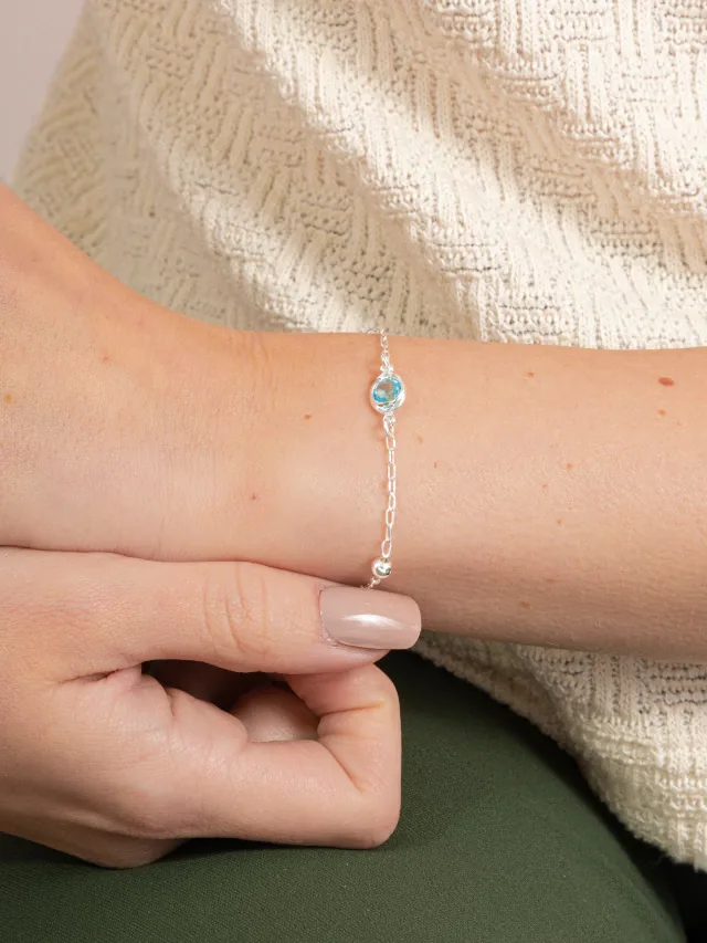 Pulseira de Prata 925 Zircônia Azul Central e Bolas