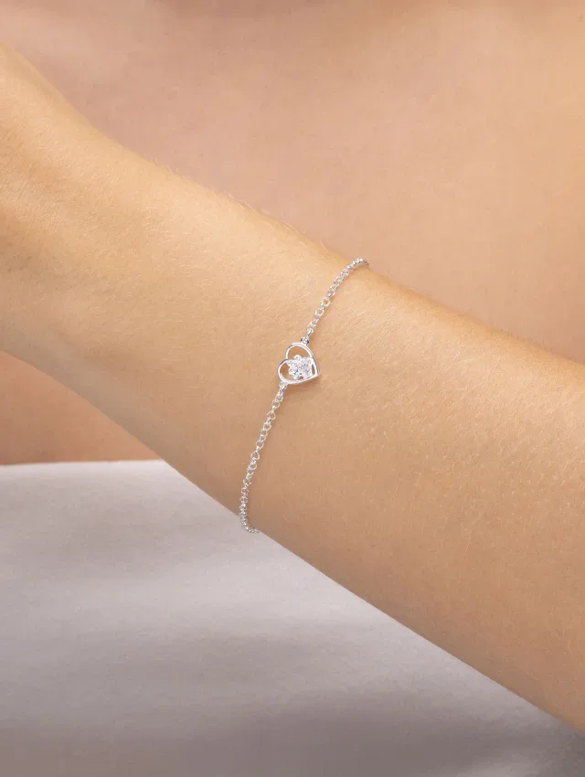 Pulseira de Prata 925 Coração com Patinha de Cachorro