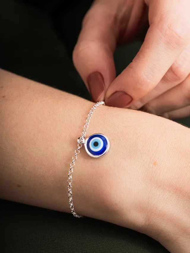 Pulseira de Prata 925 Olho Grego Grande Pendurado Azul Escuro