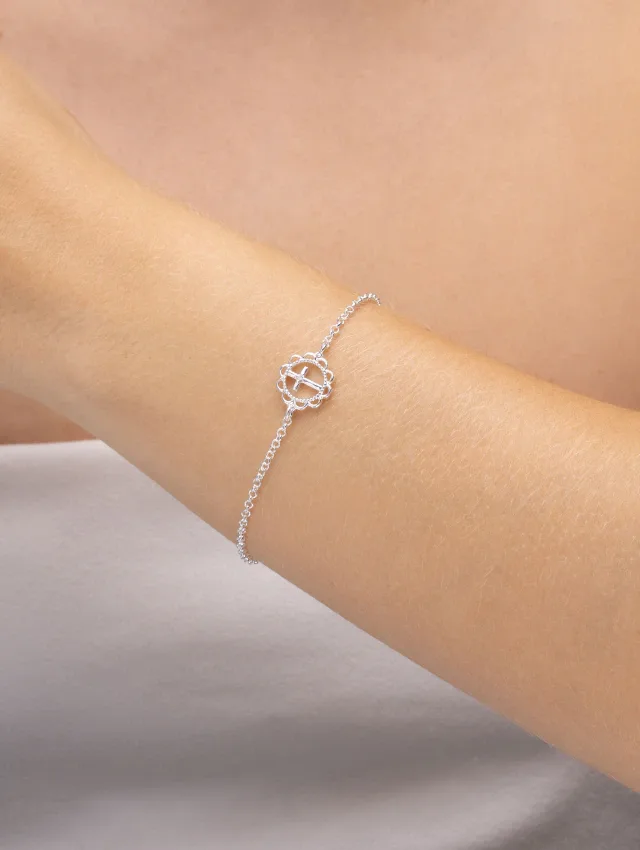 Pulseira de Prata 925 Cruz com Círculo Detalhado