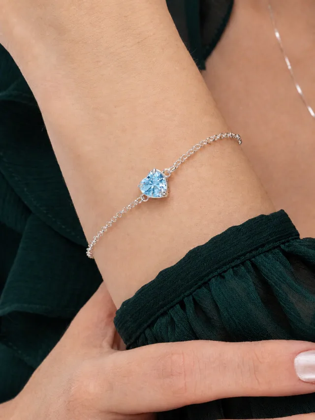 Pulseira de Prata 925 Coração Zircônia Azul Central