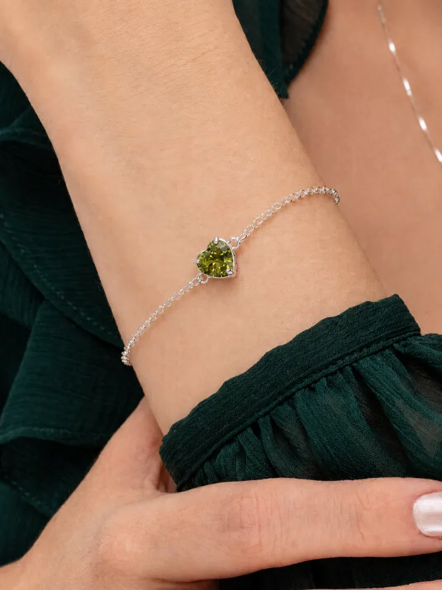 Pulseira de Prata 925 Coração Zircônia Verde Oliva Central