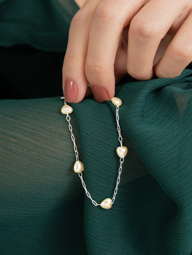 Pulseira de Prata 925 Pérolas Corações