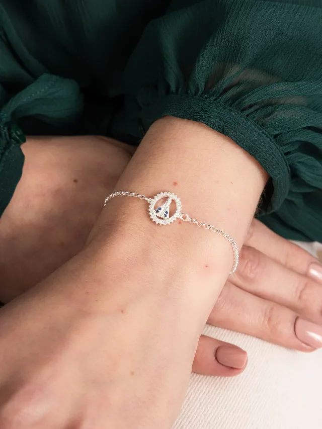 Pulseira de Prata 925 Com Nossa Senhora Central em Zircônias Brancas e Azuis