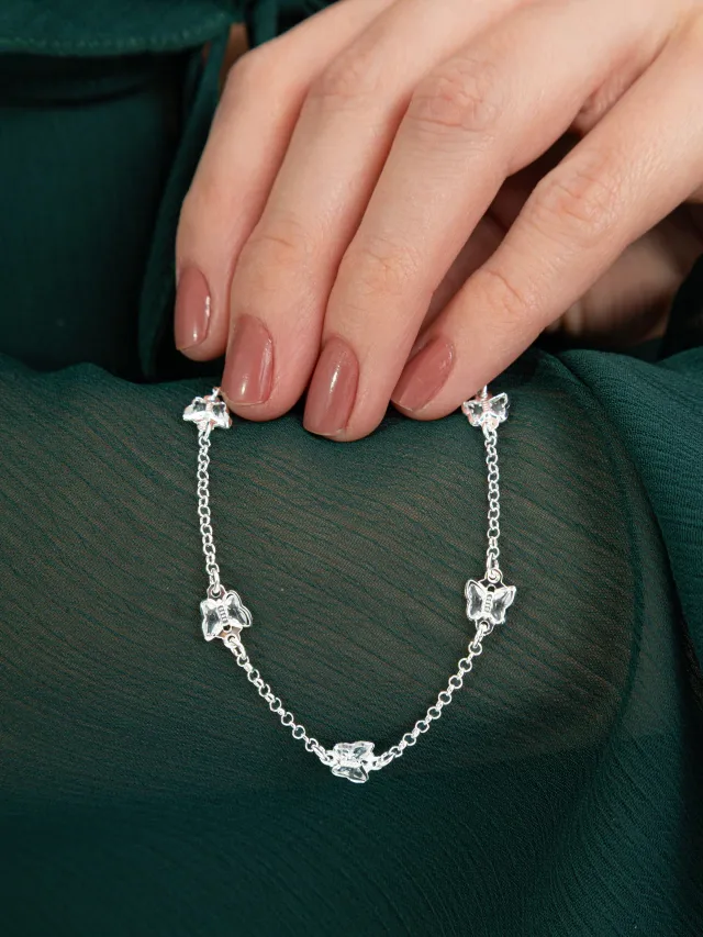 Pulseira de Prata 925 Borboletas Brancas Espaçadas