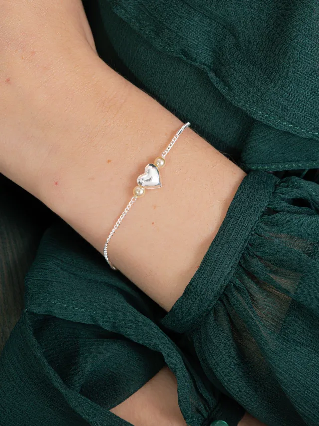 Pulseira de Prata 925 Coração Central e Pérolas