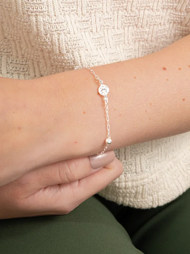 Pulseira de Prata 925 Zircônia Branca Central e Bolas