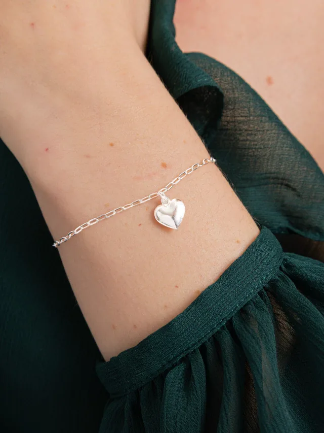 Pulseira de Prata 925 Com Pingente de Coração Liso
