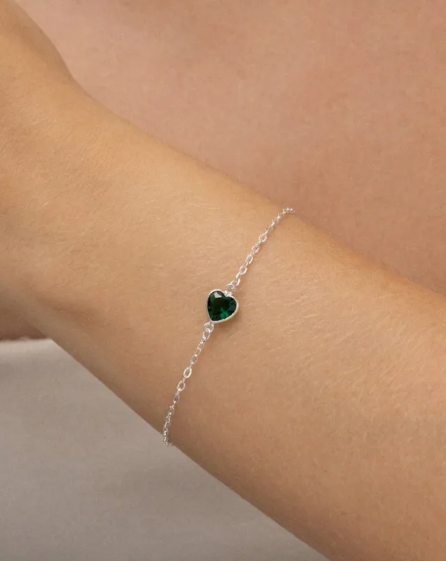 Pulseira de Prata 925 Ponto de Luz Coração Verde Escuro Central