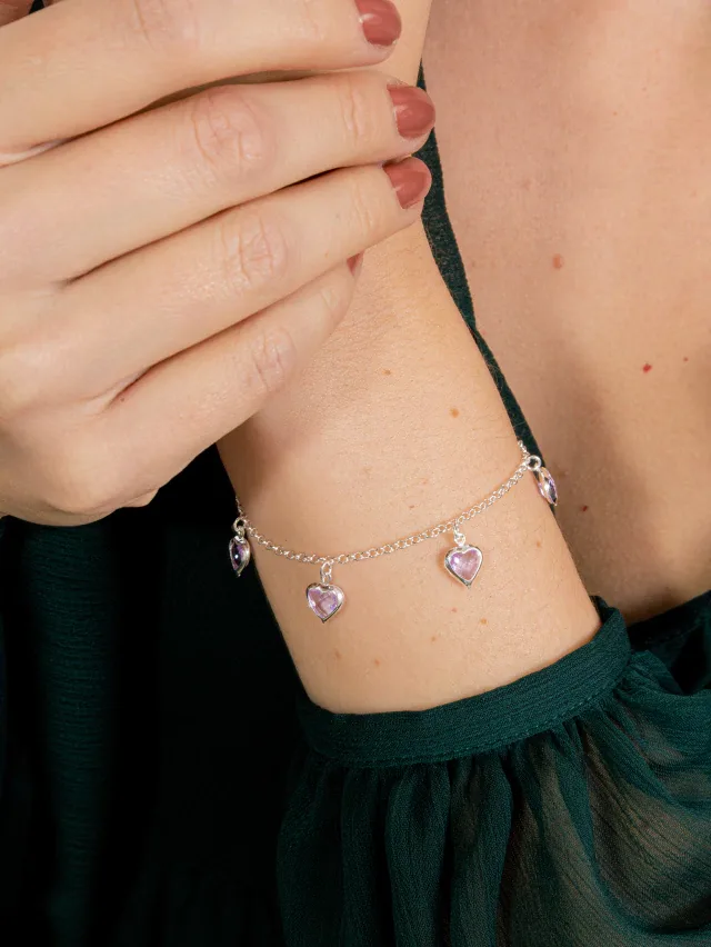 Pulseira de Prata 925 Corações Pendurados Lilás