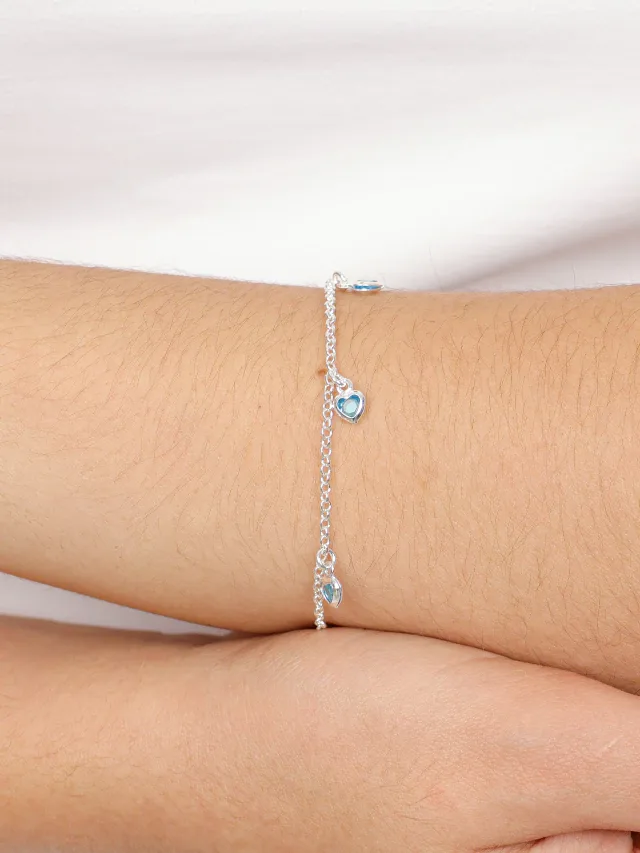 Pulseira de Prata 925 Mini Corações Zircônias Azul Claro