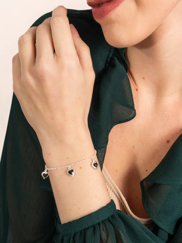 Pulseira de Prata 925 Corações Pendurados Pretos