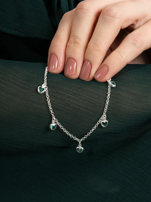 Pulseira de Prata 925 Mini Corações Zircônias Verdes