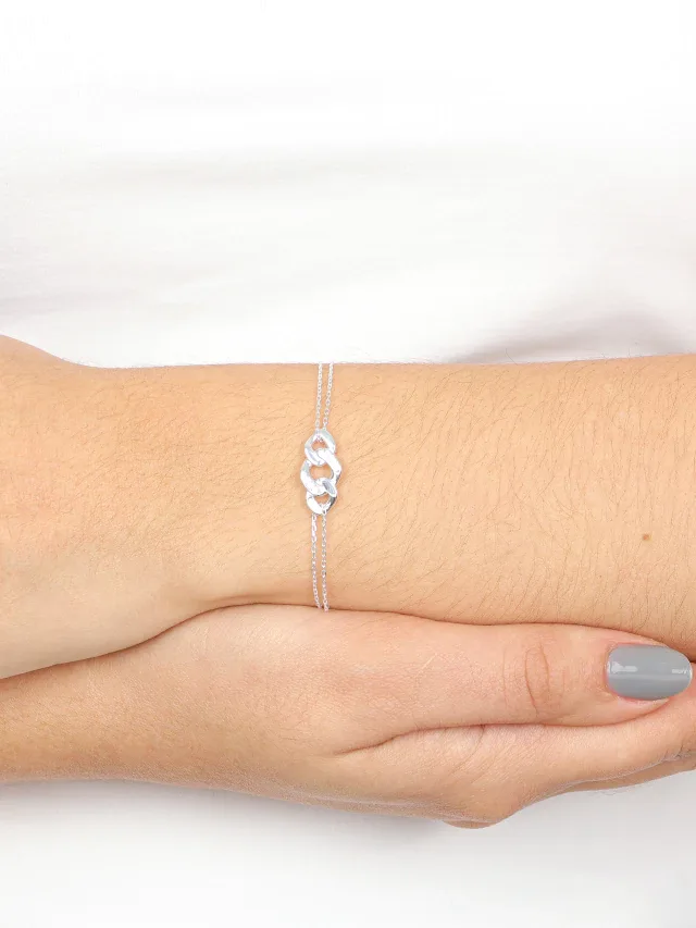 Pulseira de Prata 925 Corrente Dupla Elos Grumet Central com Zircônias
