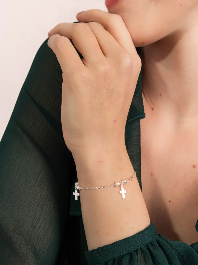 Pulseira de Prata 925 Religiosa Pingentes de Cruz e Bolinhas