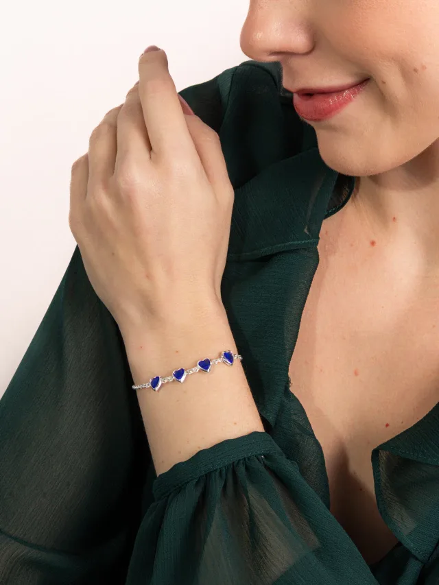 Pulseira de Prata 925 Corações Azuis Escuros