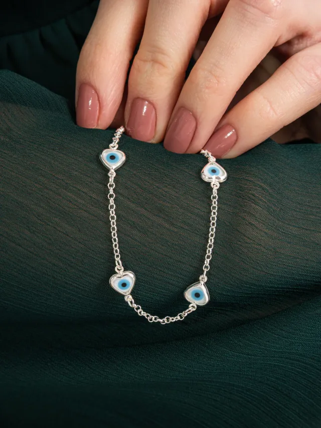 Pulseira de Prata 925 Coração Olho Grego Branco