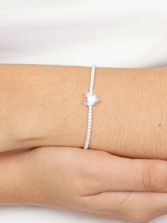 Pulseira de Prata 925 Riviera com Coração de Zircônia Branca Central