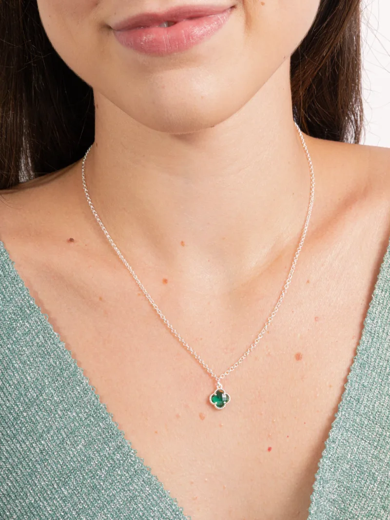 Colar de Prata 925 Trevo Detalhado Verde Pequeno