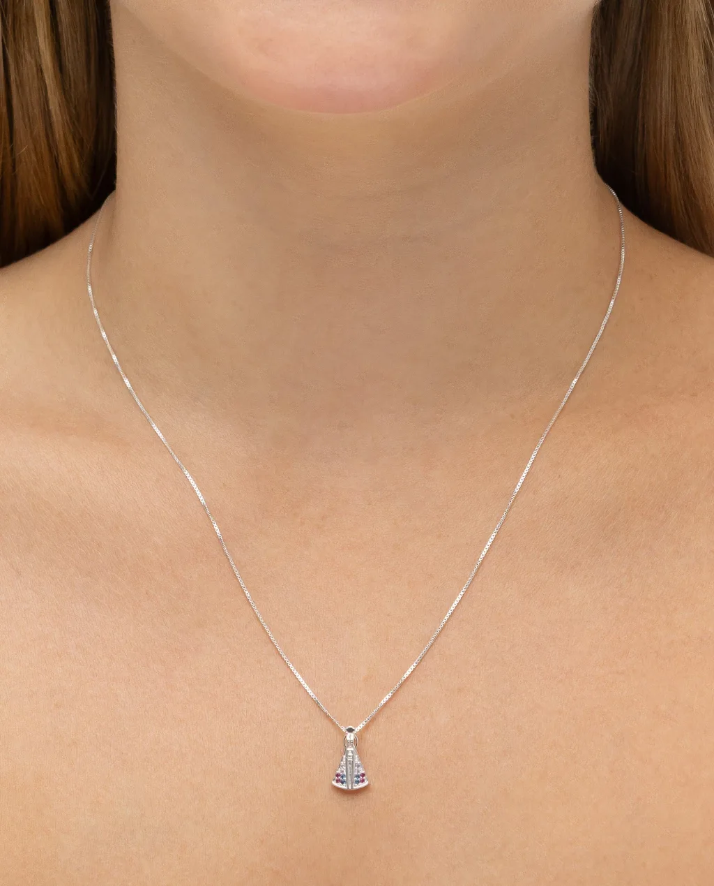 Colar de Prata 925 Nossa Senhora com Zircônias Coloridas