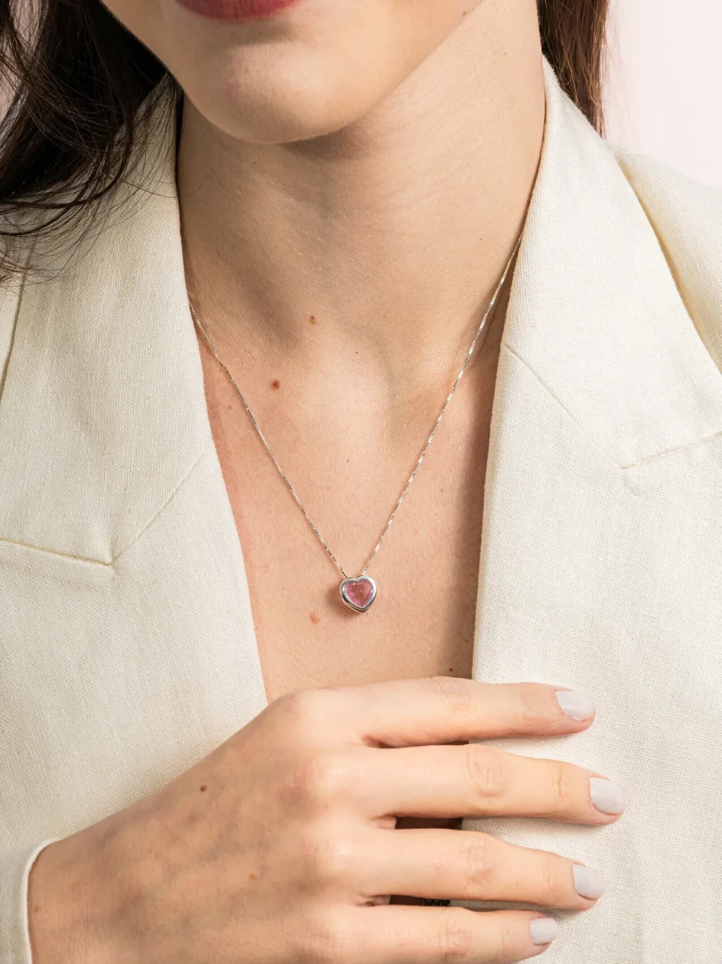 Colar de Prata 925 Coração Zircônia Rosa Cravação Inglesa