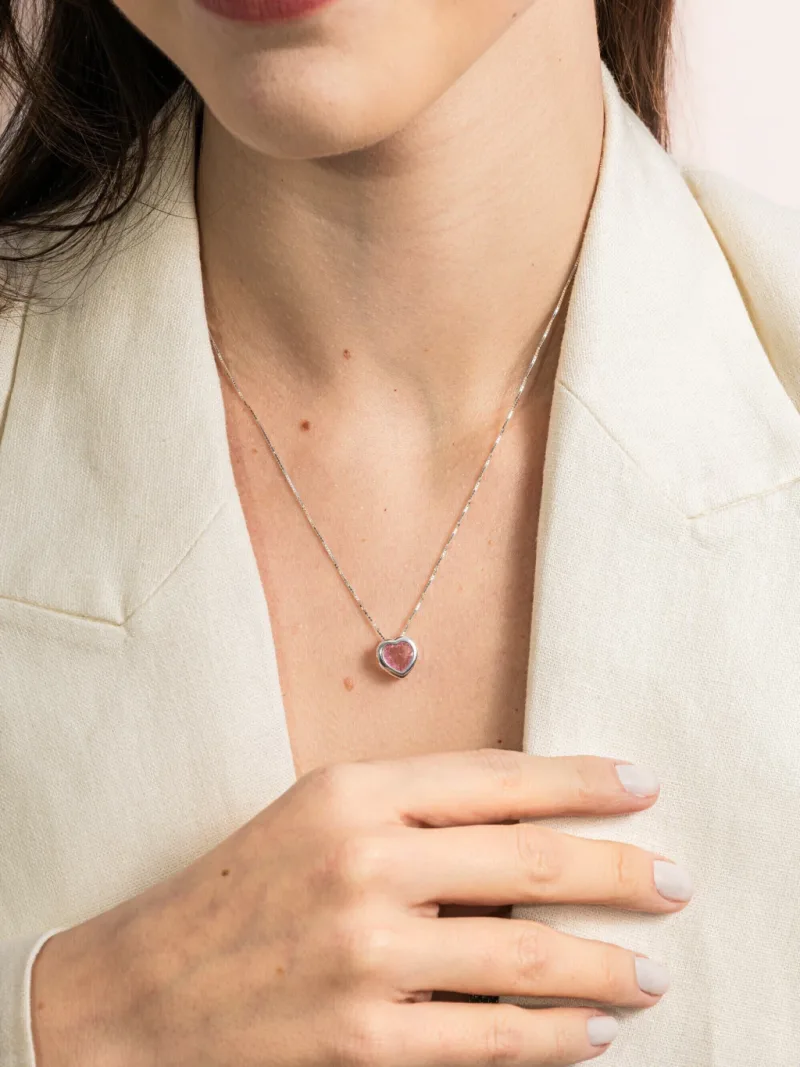 Colar de Prata 925 Coração Zircônia Rosa Cravação Inglesa