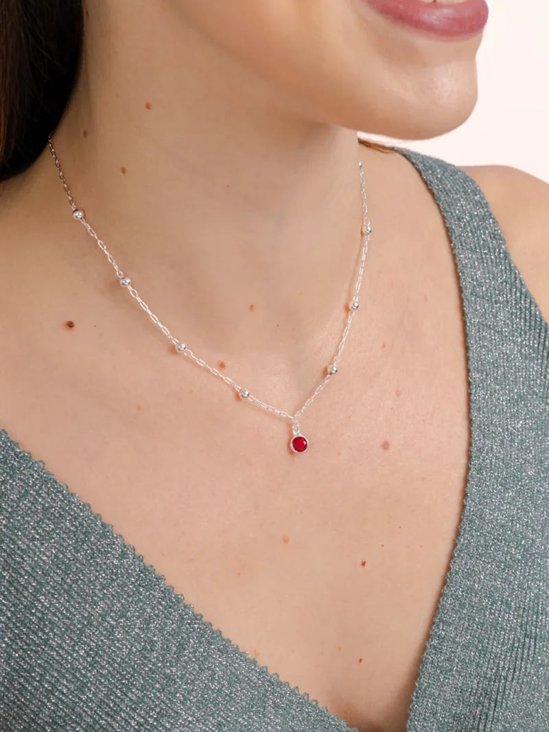 Colar Choker de Prata 925 Bolinhas com Ponto de Luz Vermelho