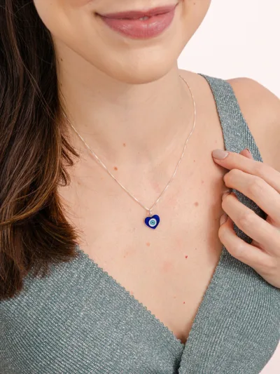 Colar de Prata 925 Coração Olho Grego Azul Resinado — foto 1