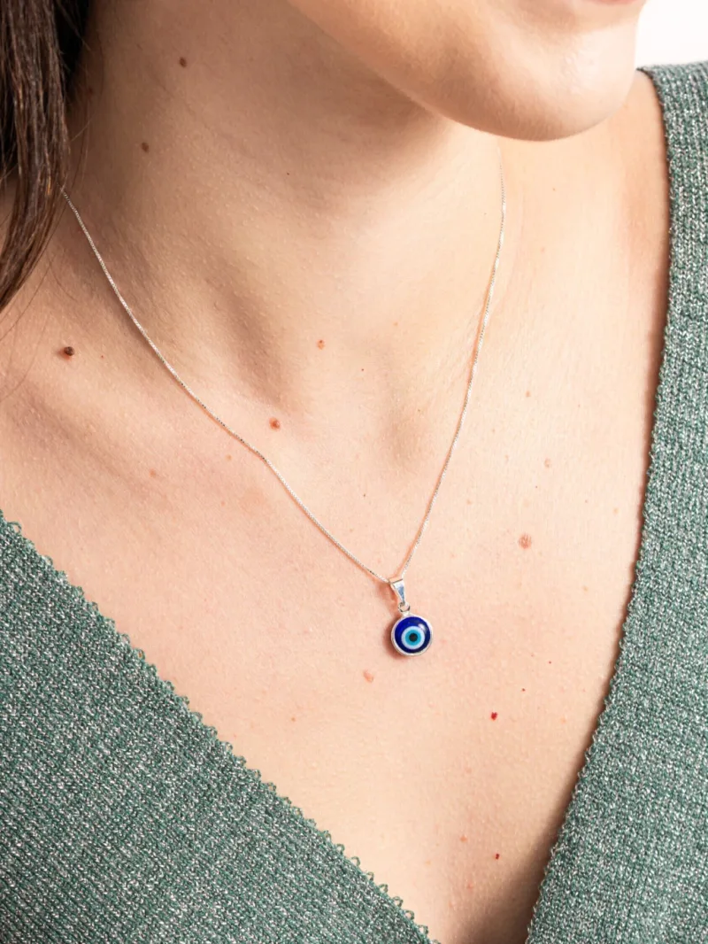 Colar de Prata 925 Pingente Olho Grego Azul Escuro Grande