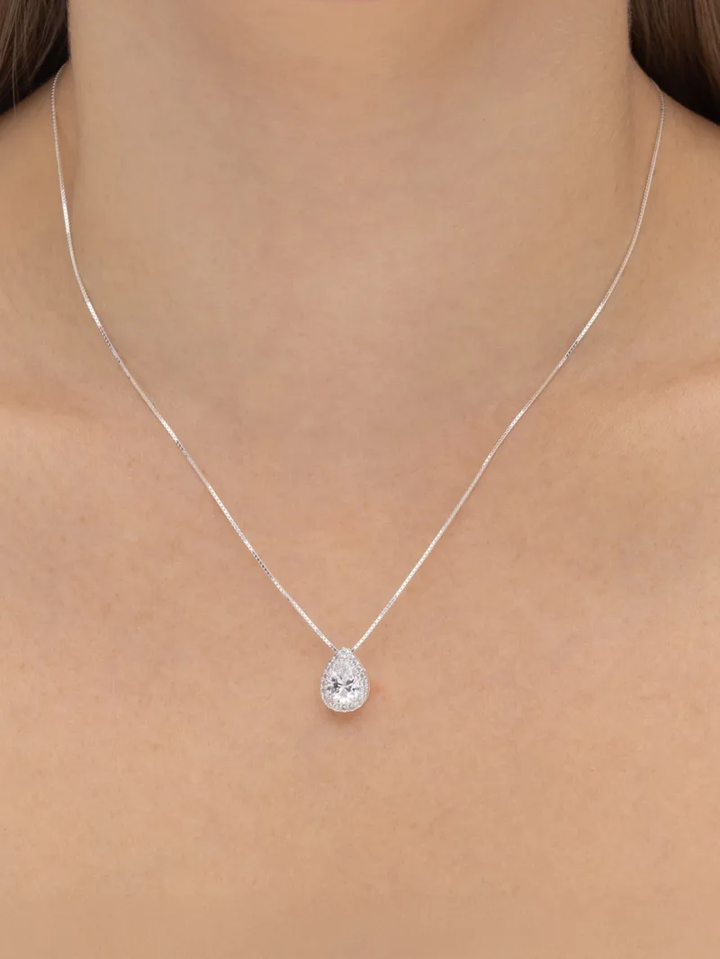 Colar de Prata 925 Gota Zircônia Branca Borda Cravejada