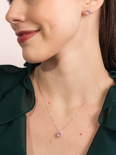 Conjunto De Prata 925 Coração Zircônia Rosa — foto 1