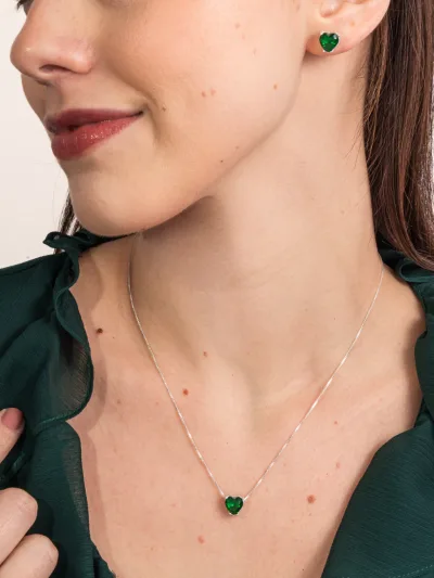 Conjunto De Prata 925 Coração Zircônia Verde — foto 1