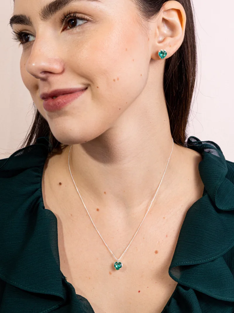 Conjunto de Prata 925 Coração Verde Turmalina