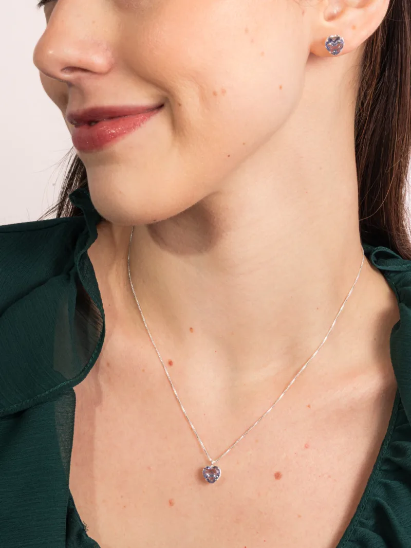 Conjunto De Prata 925 Coração Zircônia Lilás