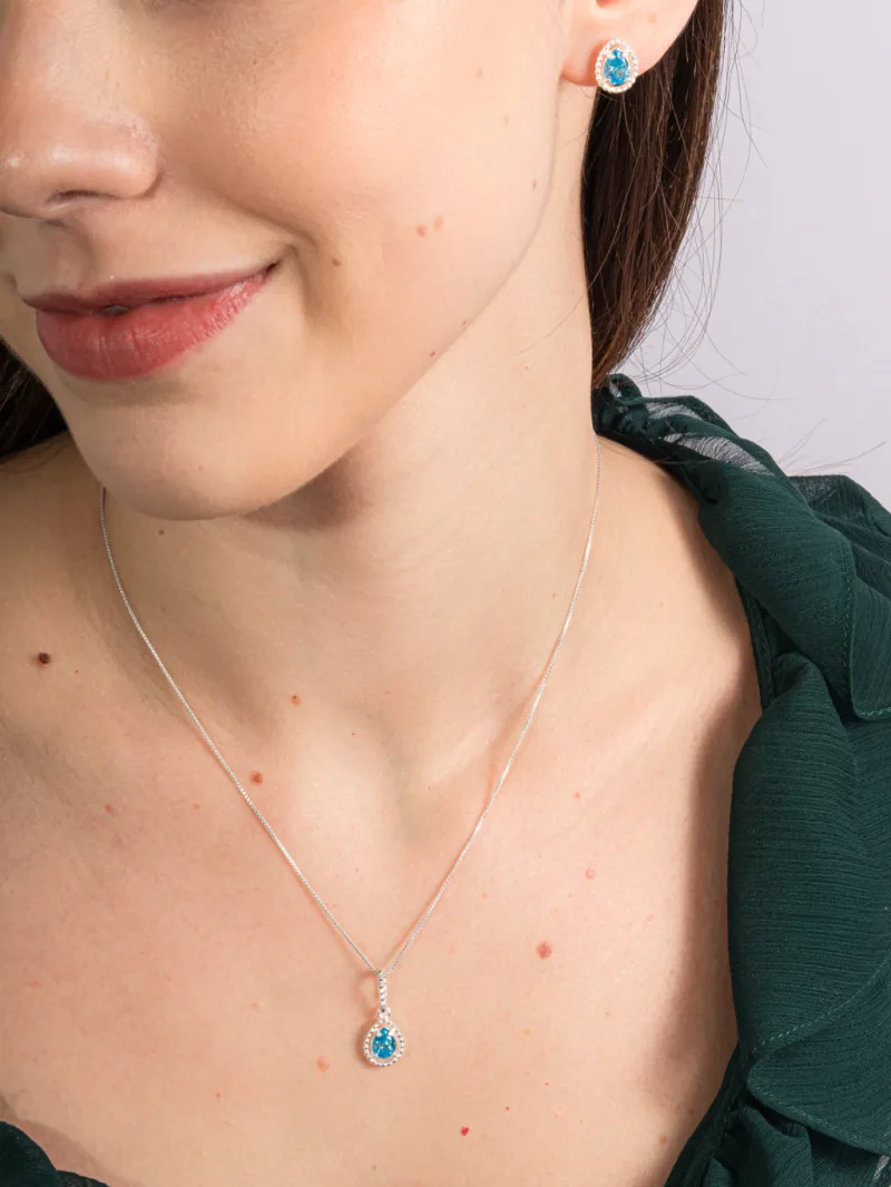 Conjunto de Prata 925 Gota Azul Claro Pontilhado