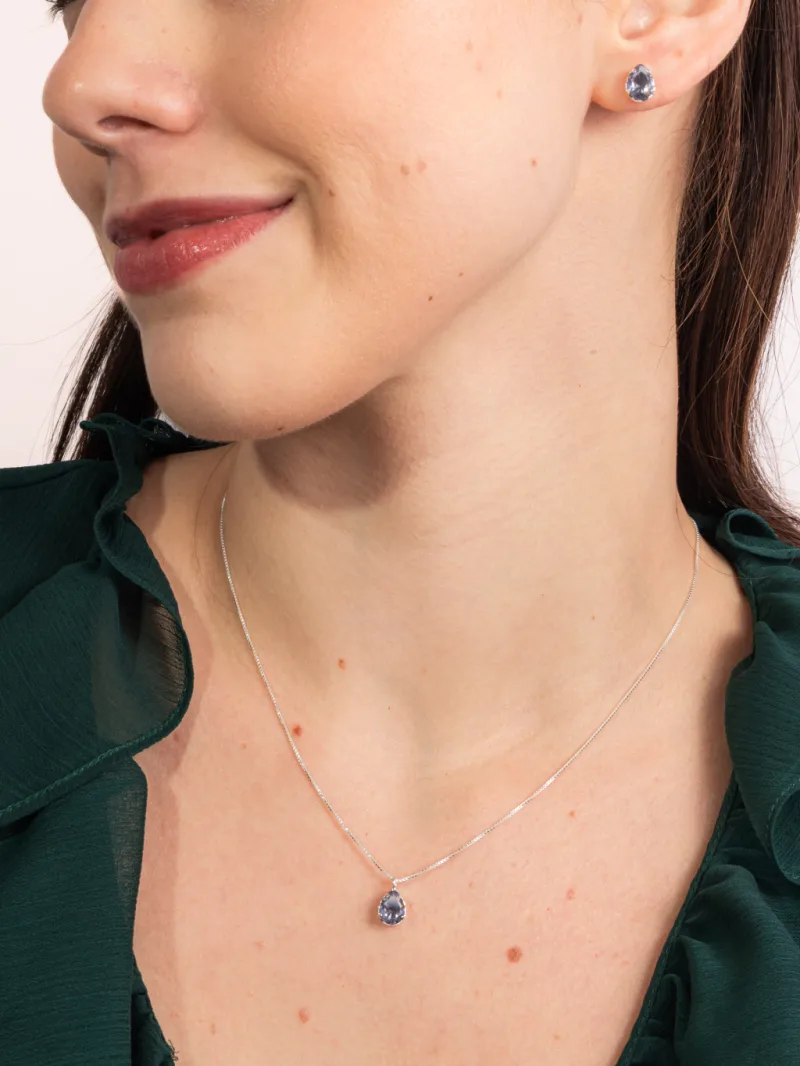 Conjunto de Prata 925 Gota Zircônia Lilás