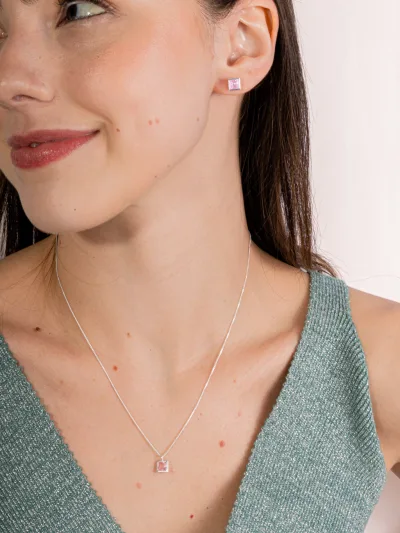 Conjunto de Prata 925 Zircônia Quadrada Rosa Cravação Inglesa 7mm — foto 1