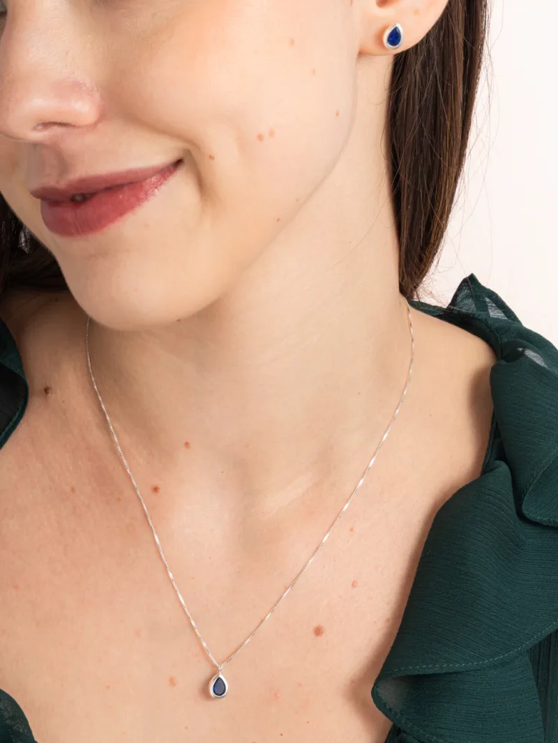 Conjunto de Prata 925 Zircônia Gota Azul Escuro Cravação Inglesa